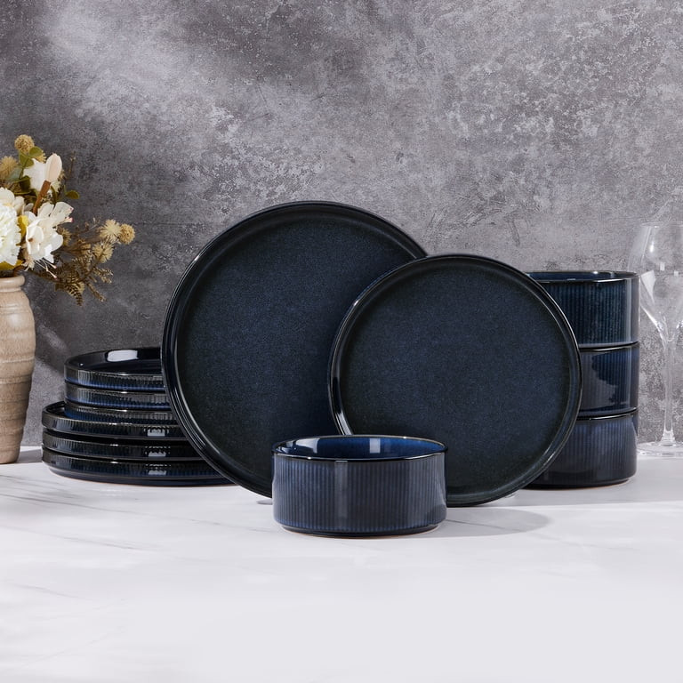Vesteel Dinnerware Set for 4, 12-Piece Premium Stoneware Ribbed Dishes with Reactive Glaze, Chip ... | Walmart (US)
