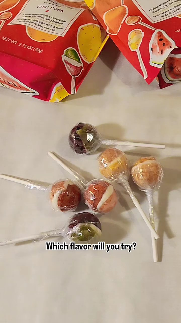 They come in a bag of 6 individual lollipops with two flavors each. You also get 5 bags! The flavors are: Divine Watermelon, Pineapple Galore, Lip Smacking Mango. I love that they don't dissolve so fast, unlike other lollipops I've had before. They're sweet and spicy. They are infused with a swirl of Chili Lime and sea salt. They're hard and long-lasting. They're also Kosher certified. You can enjoy them while watching your full TV show/movie.

#LTKKids #LTKParties #LTKFindsUnder50