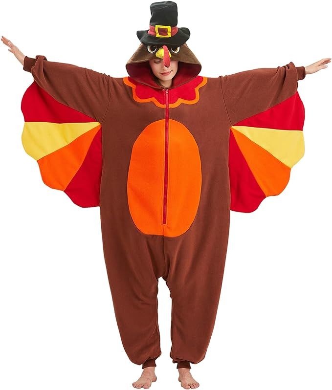 MORNINGFLY Turkey Onesie Adult - Turkey in Hat Thanksgiving Halloween Costume - Animal One-Piece ... | Amazon (US)