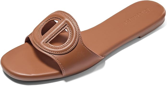 Coutgo Womens Dressy Flat Sandals Open Toe Slip on Leather Summer Beach Slide Sandals | Amazon (US)