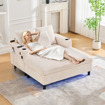 Oversized Upholstered Chaise Lounge Lazy Sleeper Sofa Bed Reading Couch with Pillows, USB&Type-C port, Cup Holder, Side Pocket, Beige -ModernLuxe | Target