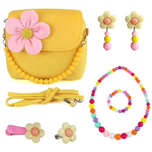 CMK TRENDY KIDS Kids Plush Flower Handbag Set with Hair Clip + Necklace + Bracelet + Earrings + Ring | Amazon (US)