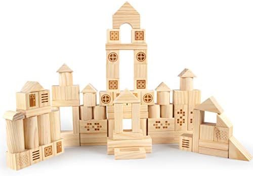 VATOS Solid Pine Wooden Building Block Set for Kids, 75PCS Stacking Wooden Building Blocks Toys f... | Amazon (US)