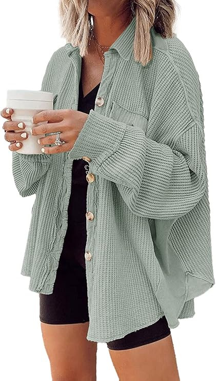 Nirovien Womens Waffle Knit Shacket Oversized Button Down Shirt Jacket Lightweight Long Sleeve To... | Amazon (US)