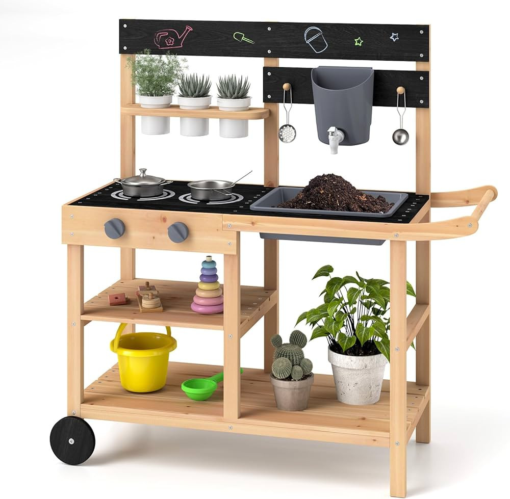 Mud Kitchen with Wheels, Fir Wood Outside Play Kitchen for Toddlers, Realistic Faucet &... | Amazon (US)