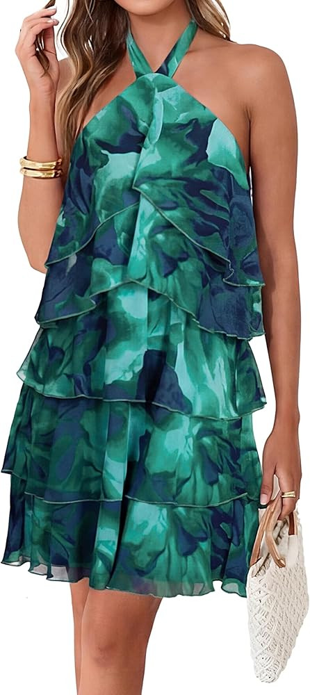 Simplee Mini vestido floral de verano para mujer, casual, sin mangas, cuello halter, volantes, es... | Amazon (US)