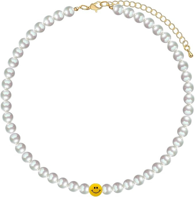 Smiley Face Freshwater Pearls Necklaces Face Pendant Boxs Chain Necklace for Women Y2k Fashion Cu... | Amazon (US)