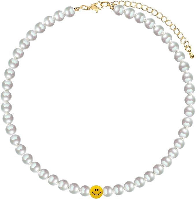 Smiley Face Freshwater Pearls Necklaces Face Pendant Boxs Chain Necklace for Women Y2k Fashion Cu... | Amazon (US)