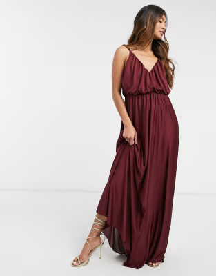 ASOS DESIGN plunge-neck maxi dress with blouson top in oxblood | ASOS (Global)