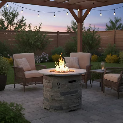 Transitional 32-Inch Round Stone Gray Fire Pit Table, Lightweight MgO Concrete Outdoor Propane Fireplace, Modern Faux Stone Patio Furniture Piece | Target