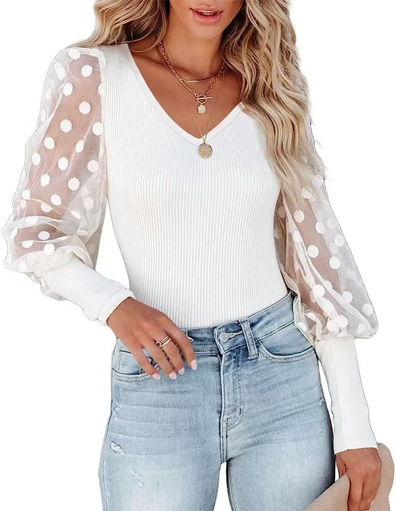 LEEDYA Women's Puffy Mesh Lace Long Sleeve Tops V Neck Polka Dot Blouse Casual Ribbed Knit Shirt | Amazon (US)