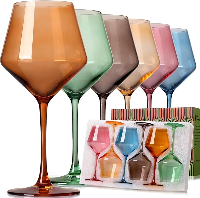 Hand Blown Colored Wine Glasses Set of 6-18oz Crystal Colorful Wine Glasses with Stem-Muticolor W... | Amazon (US)