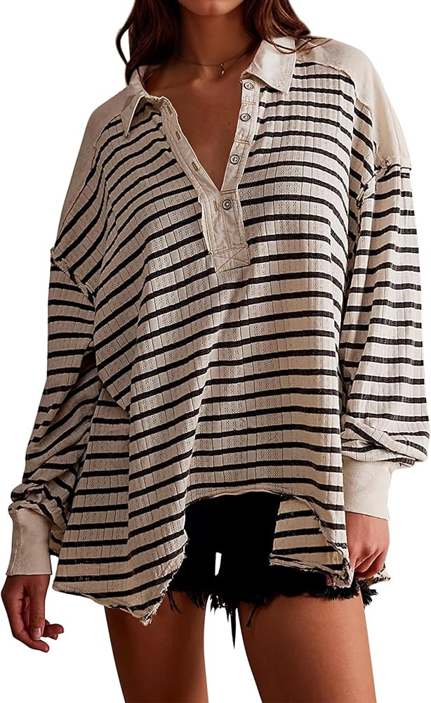 Women Oversized Striped Sweatshirts Casual Long Sleeve Button Lapel Collared Polo Shirts Asymmetr... | Amazon (US)