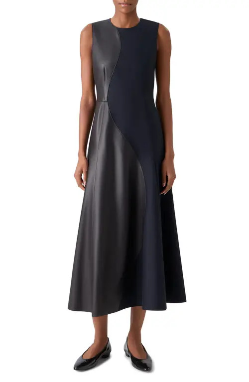 Akris Leather Patch Cotton & Wool Midi Dress in Black at Nordstrom, Size 4 | Nordstrom