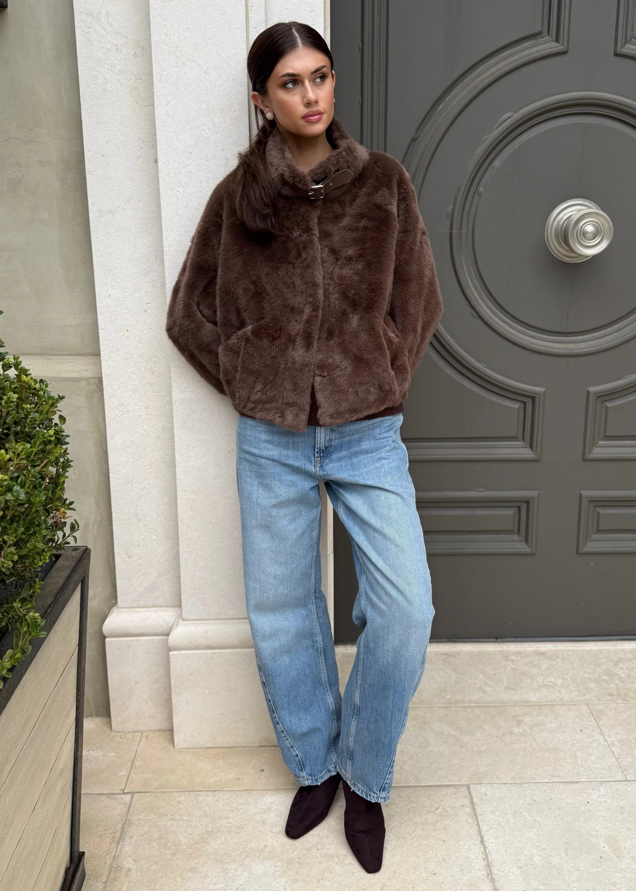 Margaux Buckle Strap Collar Long Sleeve Faux Fur Coat - Chocolate Brow | Benaar La