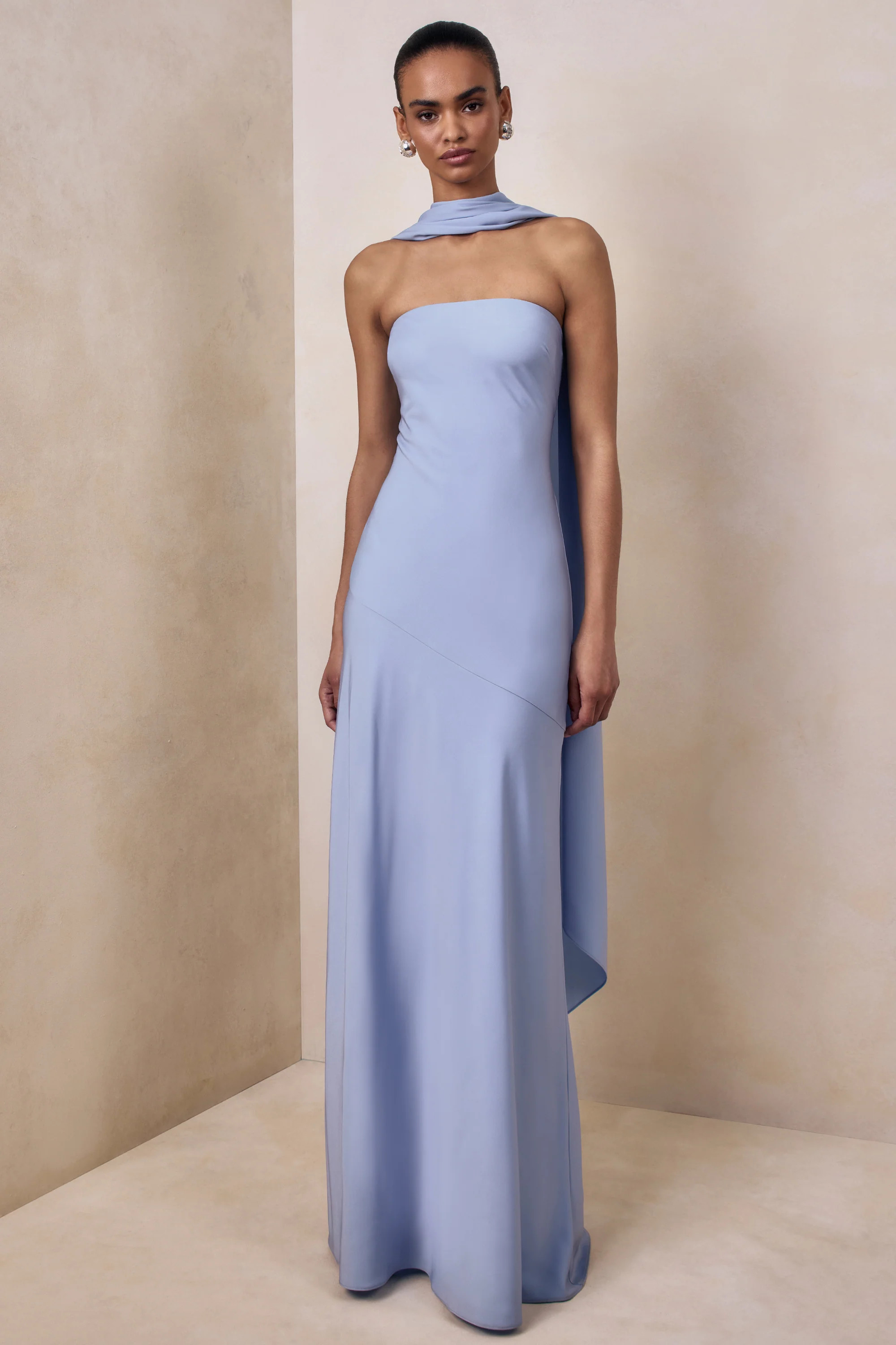 Charly | Powder Blue Matte Satin Bandeau Maxi Dress With Scarf-Detail | Club L London