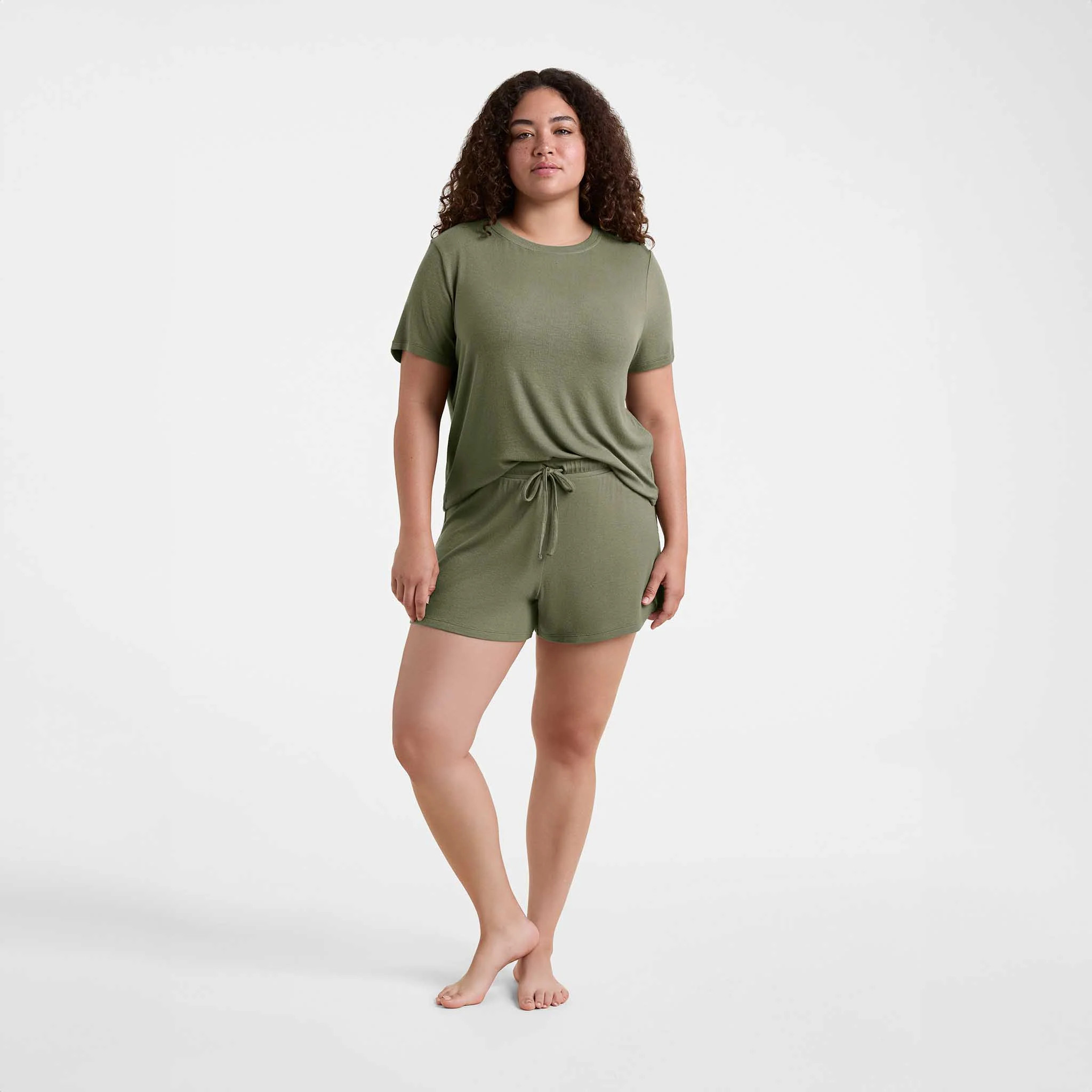 Ribbed Pajama Short Set | Olive | Nuuds US