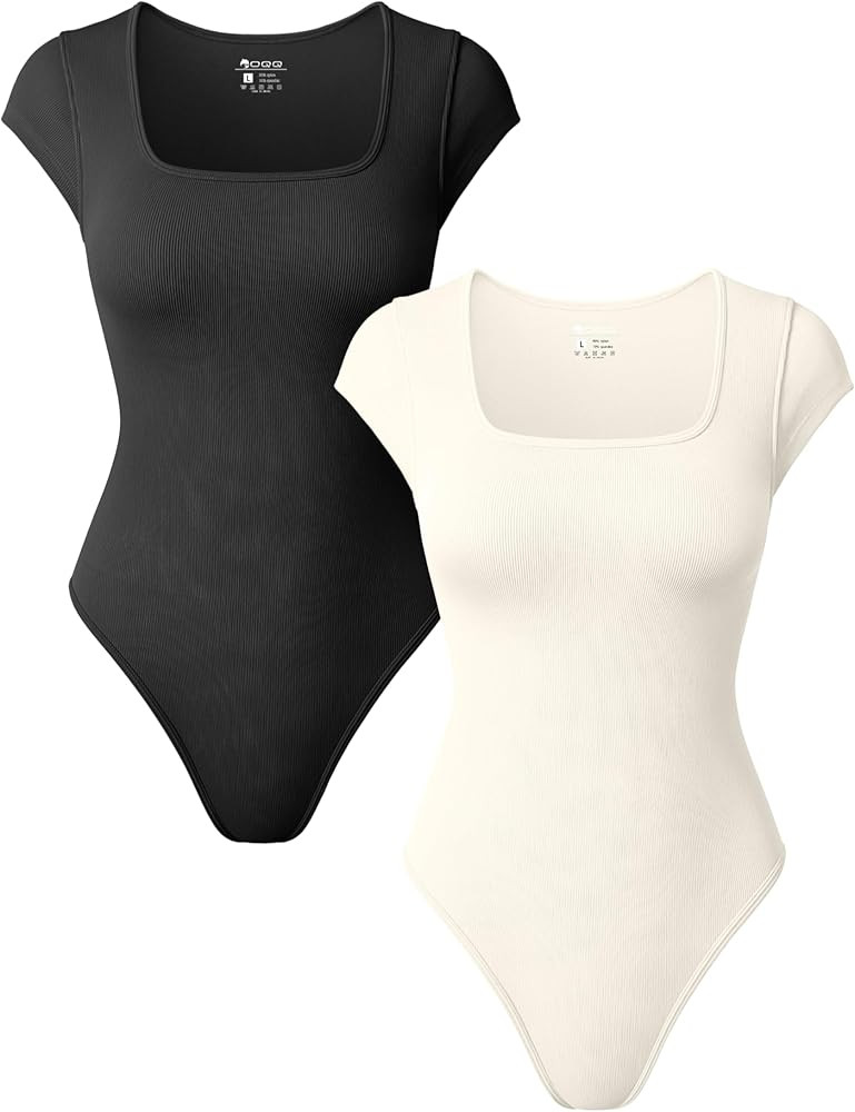 OQQ Women 2 Piece Bodysuits Square Neck Short Stretch Basic Sexy Shirts Bodysuits | Amazon (US)