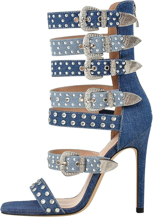 onlymaker Square Toe Rhinestone Beaded Zip up Stiletto Heeled Sandals for Women Multi Rivet Studd... | Amazon (US)