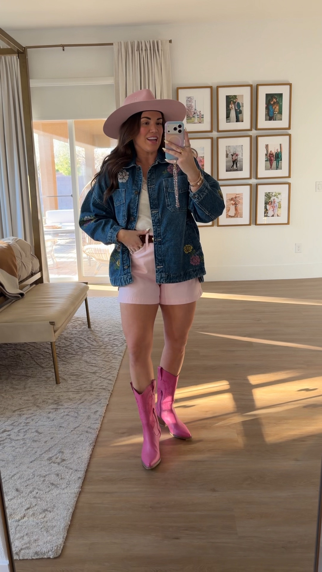 what i wore for my Boots & Blooms mahjong night 🌸🤠🀄️ wearing size small in denim jacket (runs very oversized), size large in lace top, and size 30 in blush shorts. pink boots and hat are old, i’ll link similar 

#LTKSeasonal #LTKdayinmylife #LTKMidsize