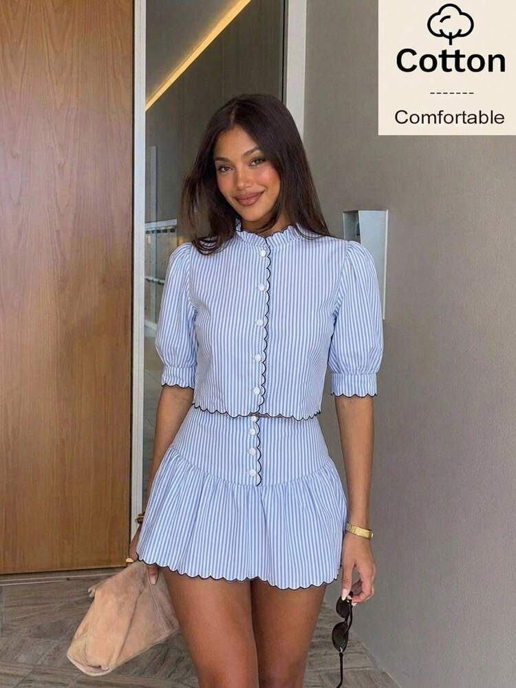 Siren Gaze Women's Colorblock Striped Button-Up Shirt And Ruffle Hem Mini Skirt 2 Pieces Set | SHEIN