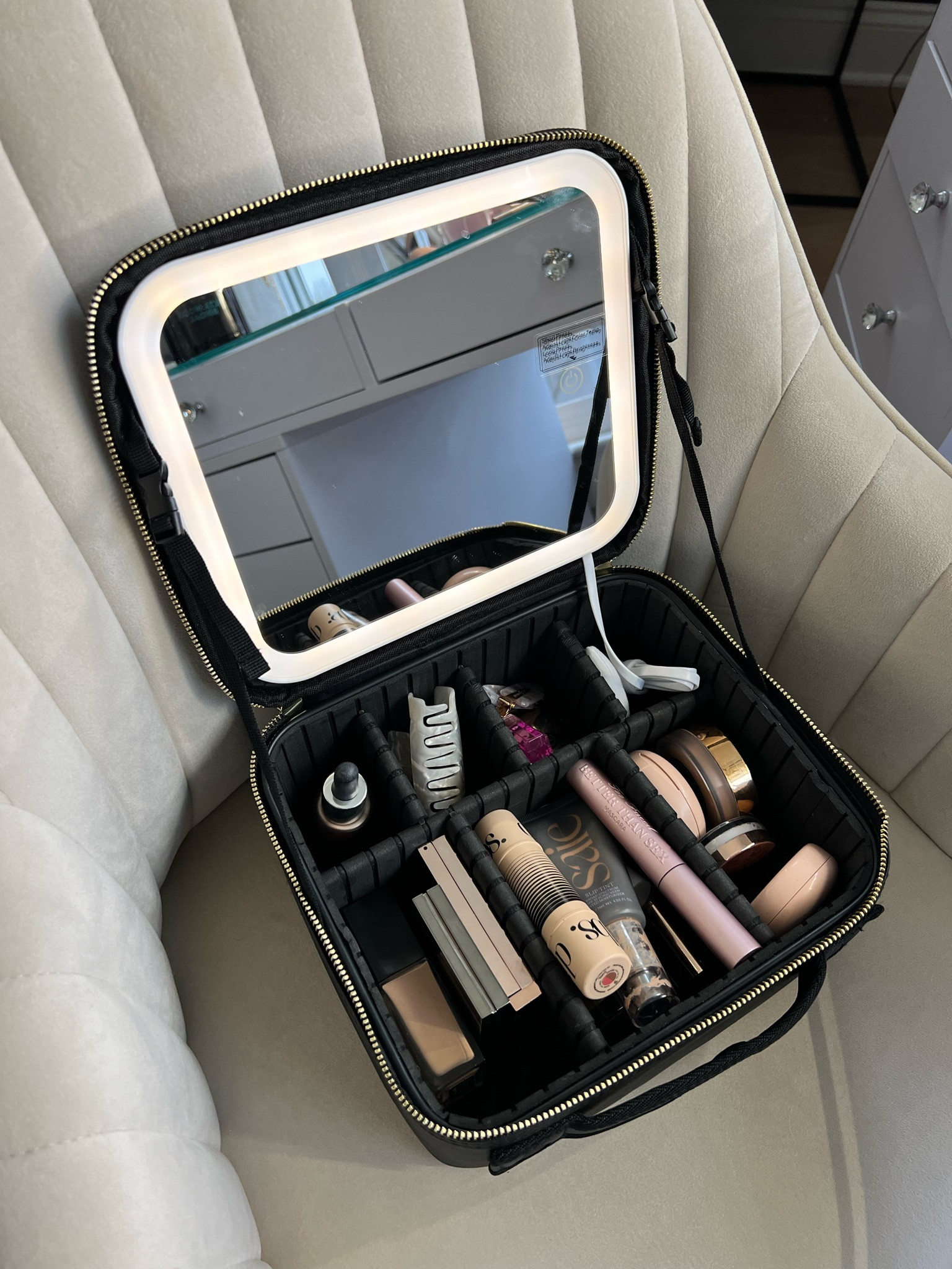 Makeup case with light 
Travel makeup bag
Concealer - 3.5 shade 
Mascara 
Bronzer 
Foundation - currently wearing shade Vallauris 
Dibs - shade 3  

#LTKtravel #LTKbeauty #LTKunder50
