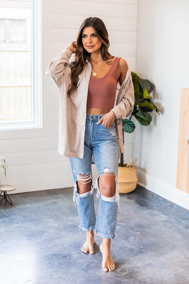 Believe The Truth Oatmeal Ribbed Shacket | Pink Lily