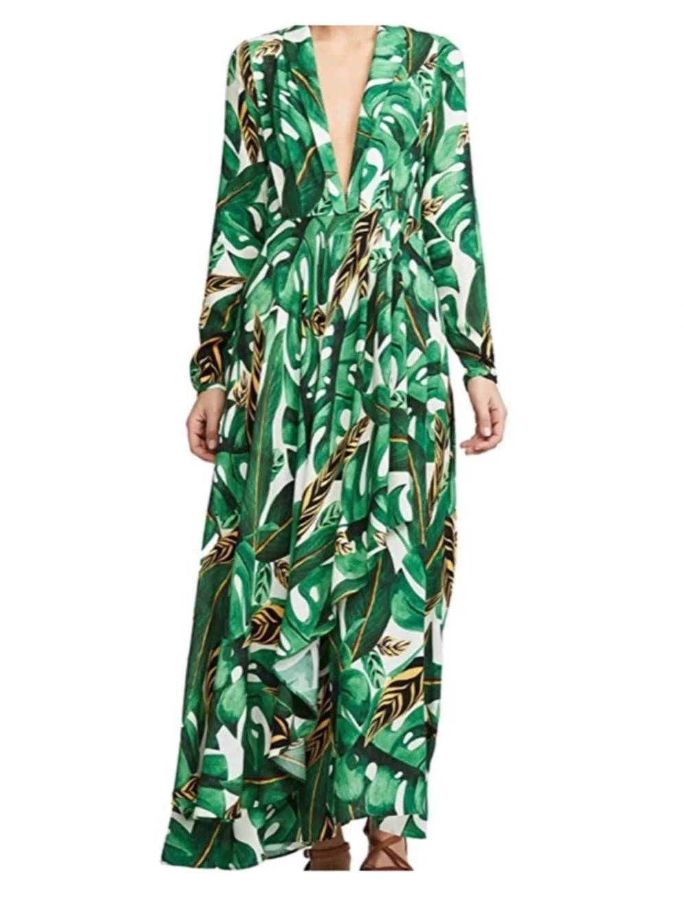 Farm Rio Max Amazonia Long Sleeve Green Tropical Palm Leaf Print Maxi Dress | Poshmark
