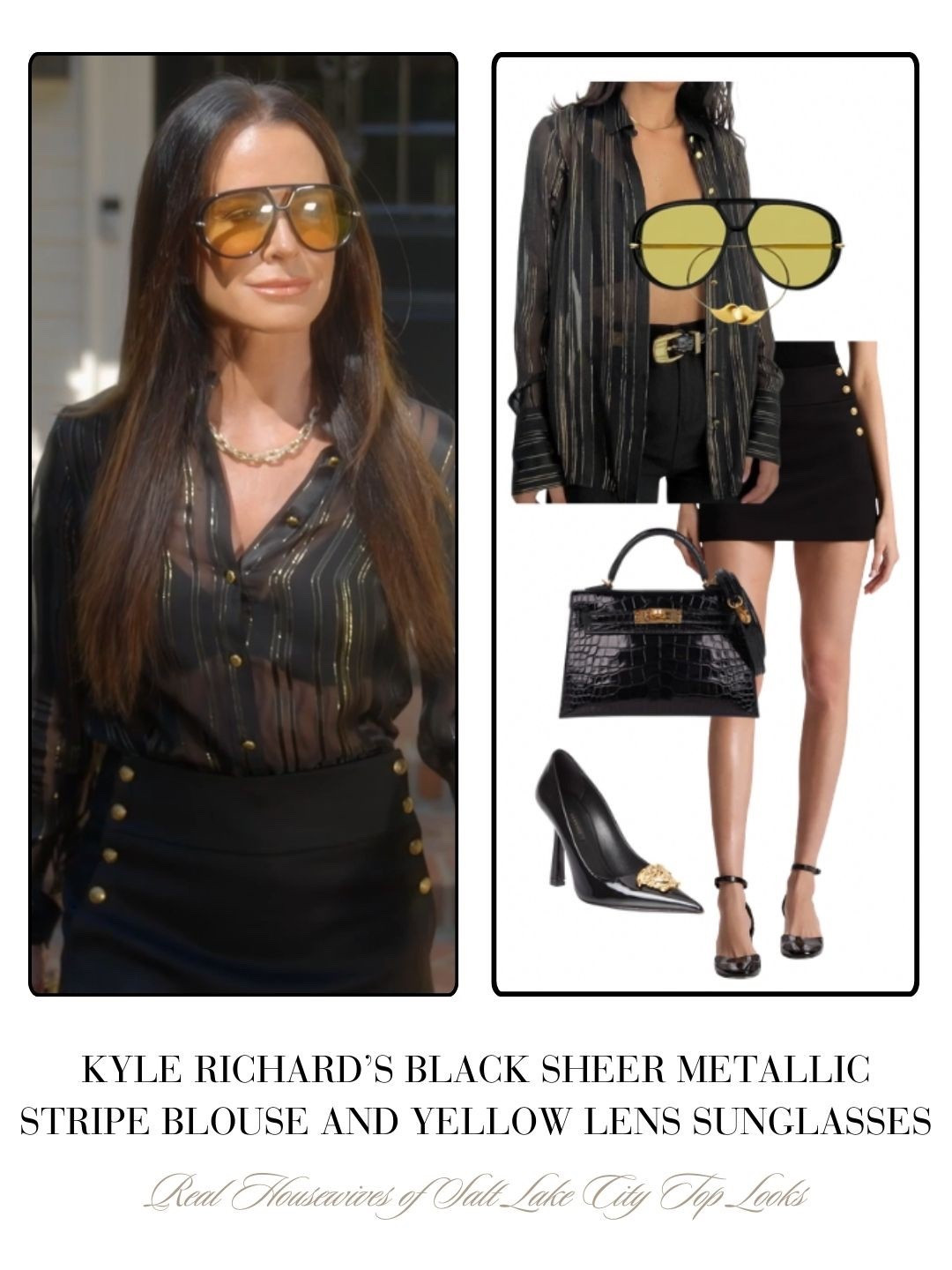 Kyle Richard’s Black Sheer Metallic Stripe Blouse and Yellow Sunglasses 