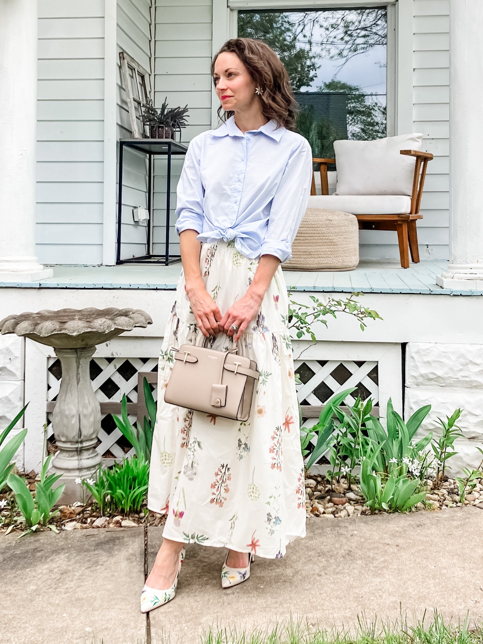 Floral skirt for summer!
Petite outfit. Classic outfit. Modest outfit. Church outfit. 

#LTKStyleTip #LTKPetite #LTKOver40