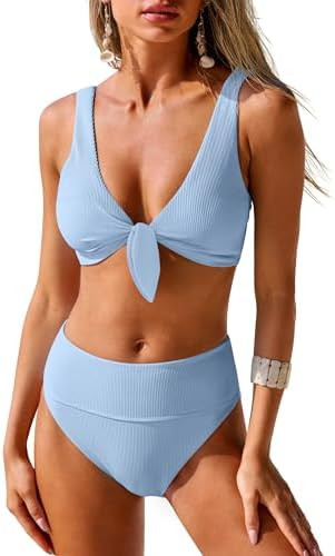 ANRABESS Bikini Sets for Women Summer High Waisted 2 Piece Bathing Suit Ribbed Tie Knot Swimsuit ... | Amazon (US)