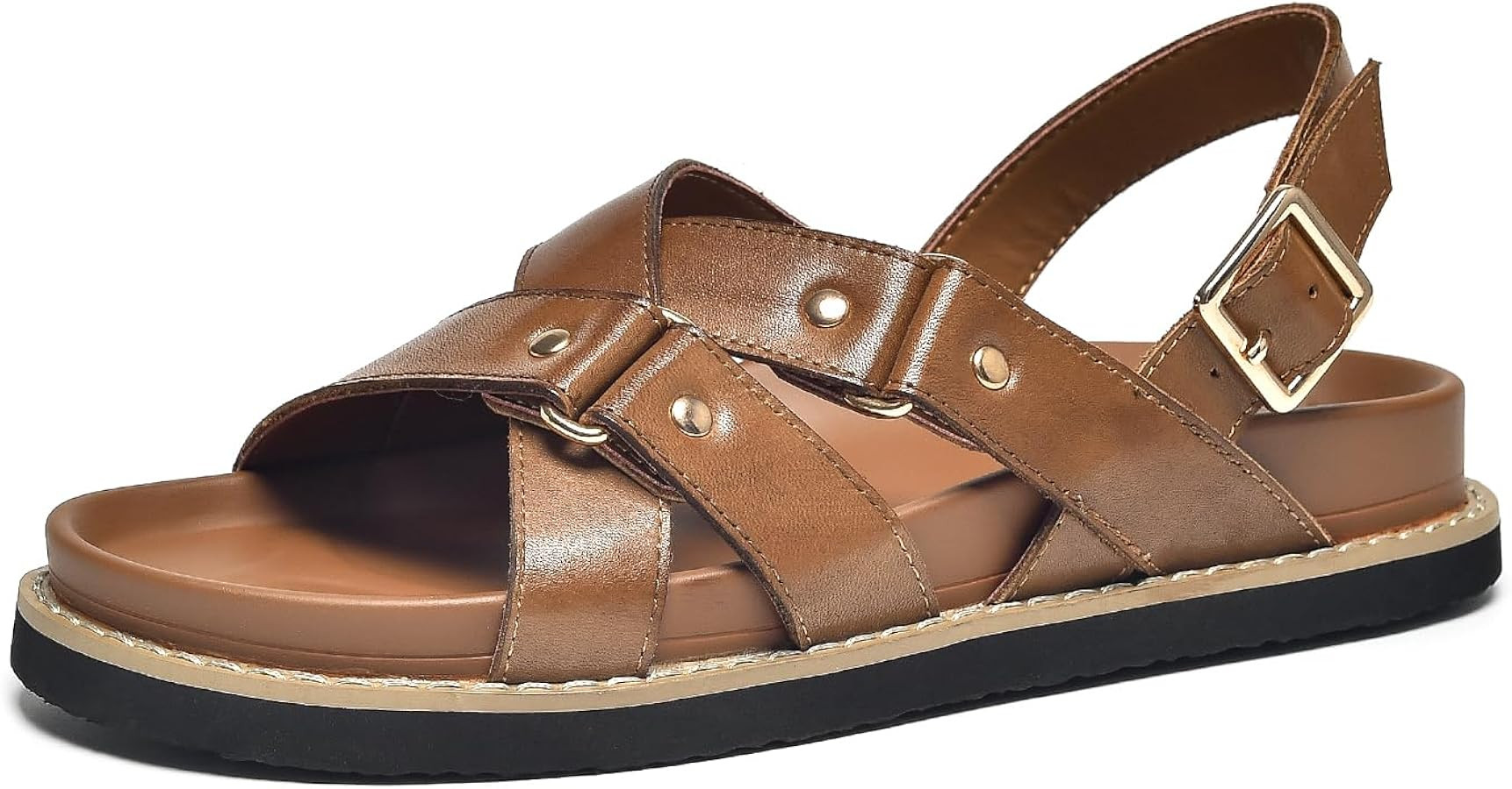 BEAU TODAY Womens Strappy Flat Sandals, Leather Platform Sandals for Women Comfortable Shoes Ankl... | Amazon (US)