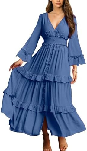 Amegoya Women's V Neck Long Sleeve Boho Maxi Dress Summer Wedding Guest Long Flowy Engagement Dre... | Amazon (US)