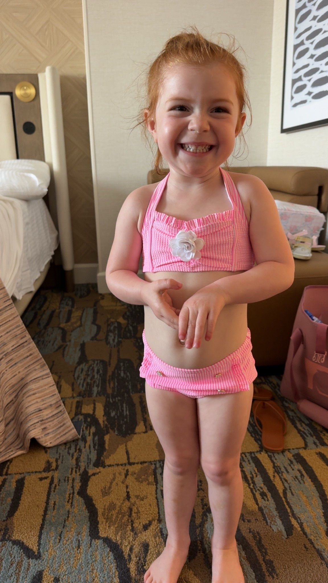 The one she has on is sold out but I linked a similar one! Jamie and Jack has the cutest little girl swimsuits!