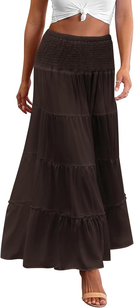 Zeagoo Women's Long Maxi Skirts Tiered Elastic High Waist Boho Double Layered Print A-Line Casual... | Amazon (US)