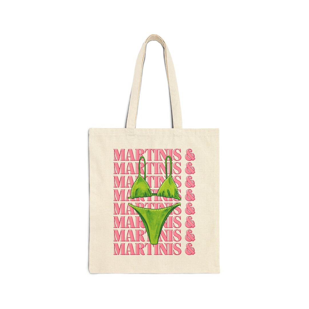 Martinis and Bikinis Cotton Canvas Tote Bag pink and Green, Bachelorette Party Goodie Bags, Bach ... | Etsy (US)