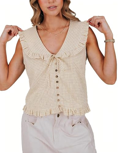 Women's Gingham Ruffled Sleeveless Blouse - Summer Casual Button Down Shirts for Work Travel Dail... | Amazon (US)