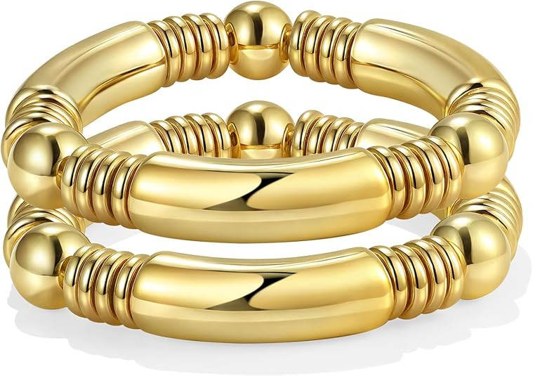 14K Gold Plated Bangles Bracelet for Women Chunky Curved Stacking Plated Bead Ball Stretchable Br... | Amazon (US)