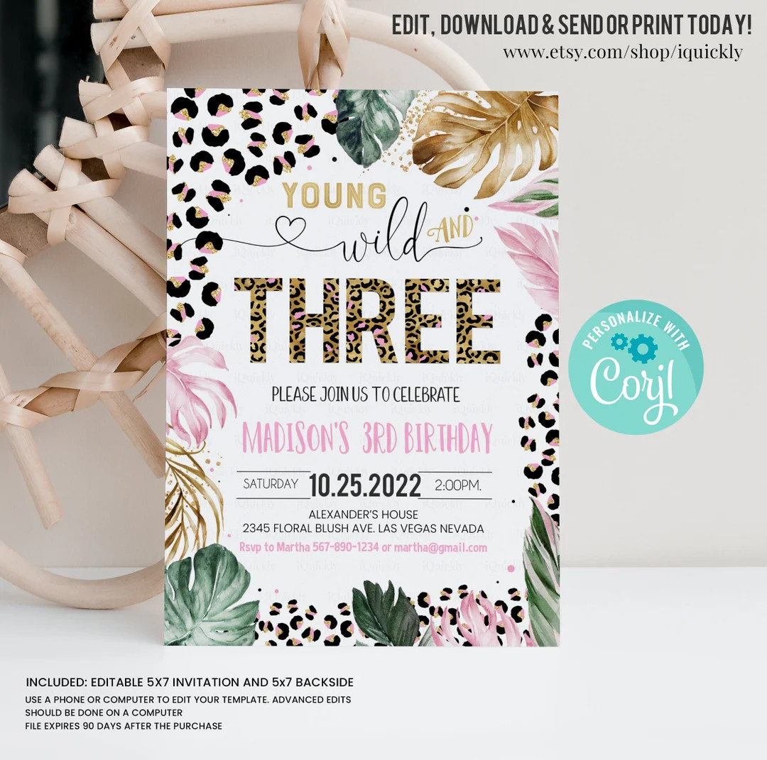 Editable Young Wild And Three Leopard Print Jungle Birthday Party Invitation Leopard  Print Wild ... | Etsy (US)