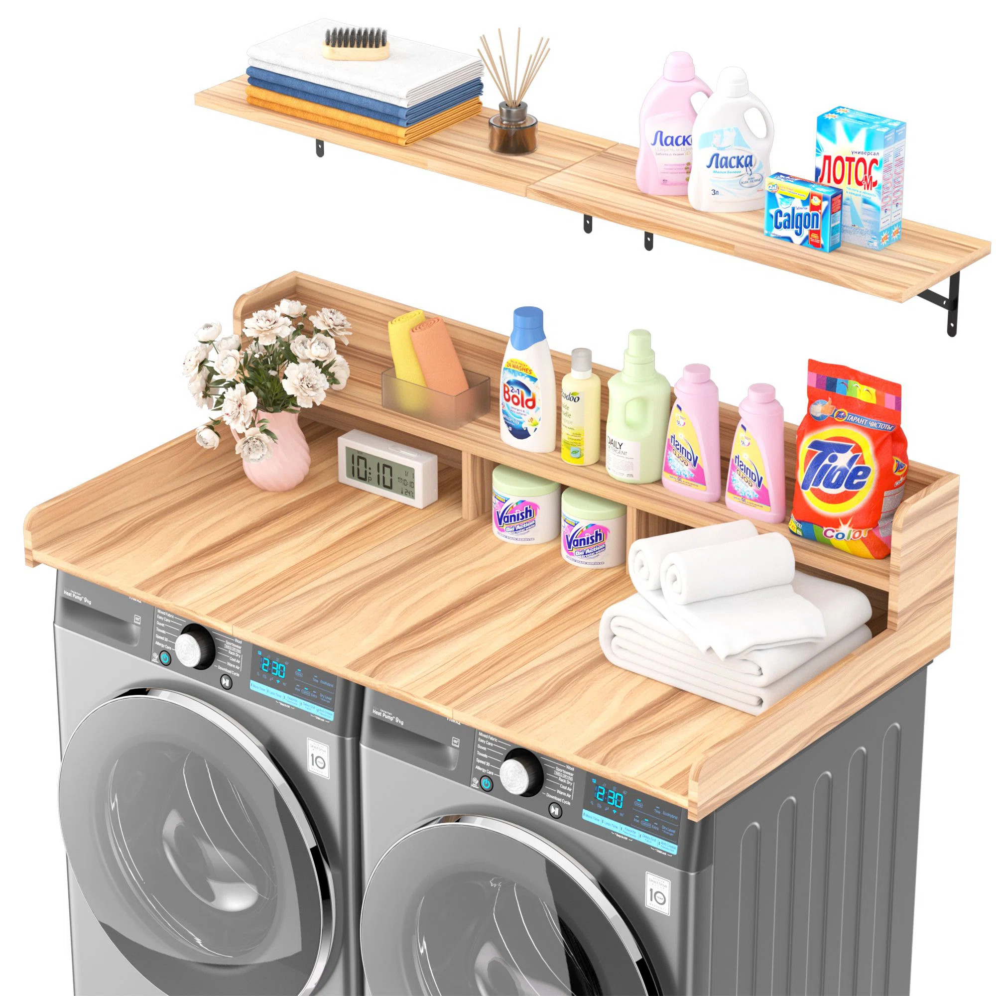 Waterproof Wooden Washer Dryer Countertop with Wall Shelves Set | Wayfair North America