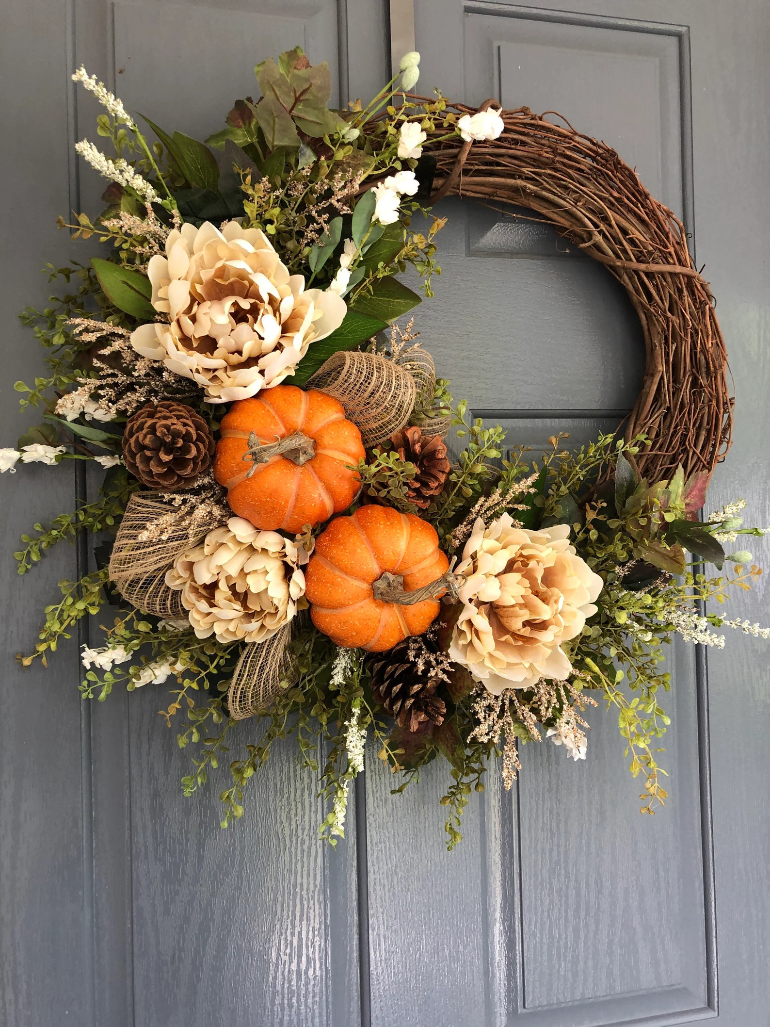 Fall Farmhouse Pumpkin Wreath, Fall Wreaths for Front Door, Peony Wreath, Front Door Wreath - Ets... | Etsy (US)
