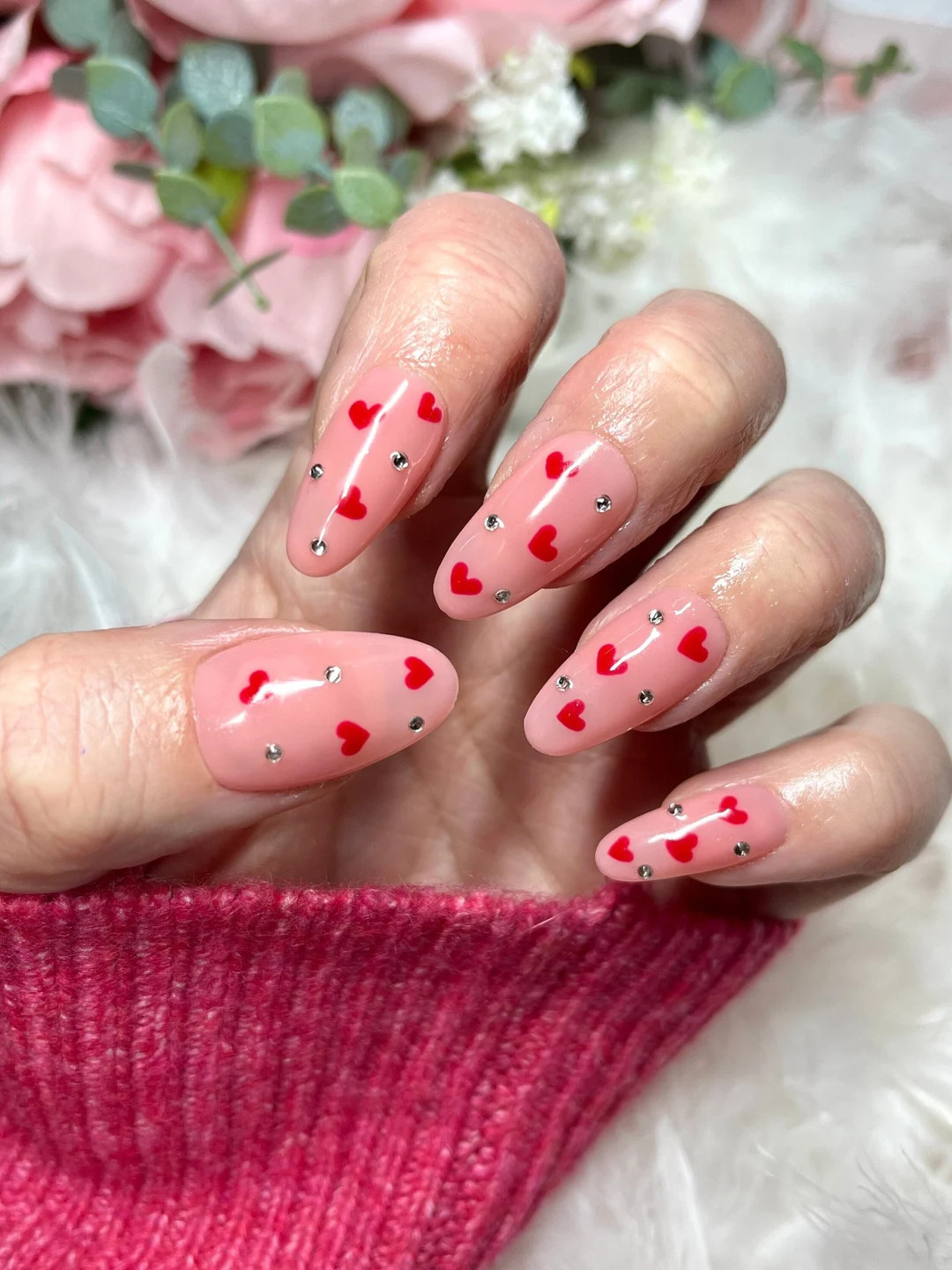 Valentines Pink Press On Nails, Red Heart Gems | Etsy (US)