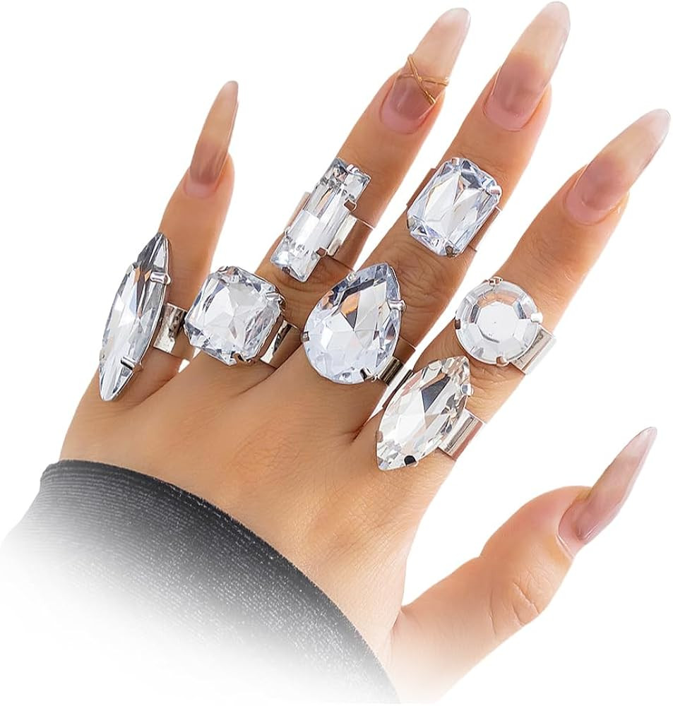 Chunky 7Pcs Silver Crystal Knuckle Rings Set Geometric Rhinestone Waterdrop Open Rings Stackable ... | Amazon (US)