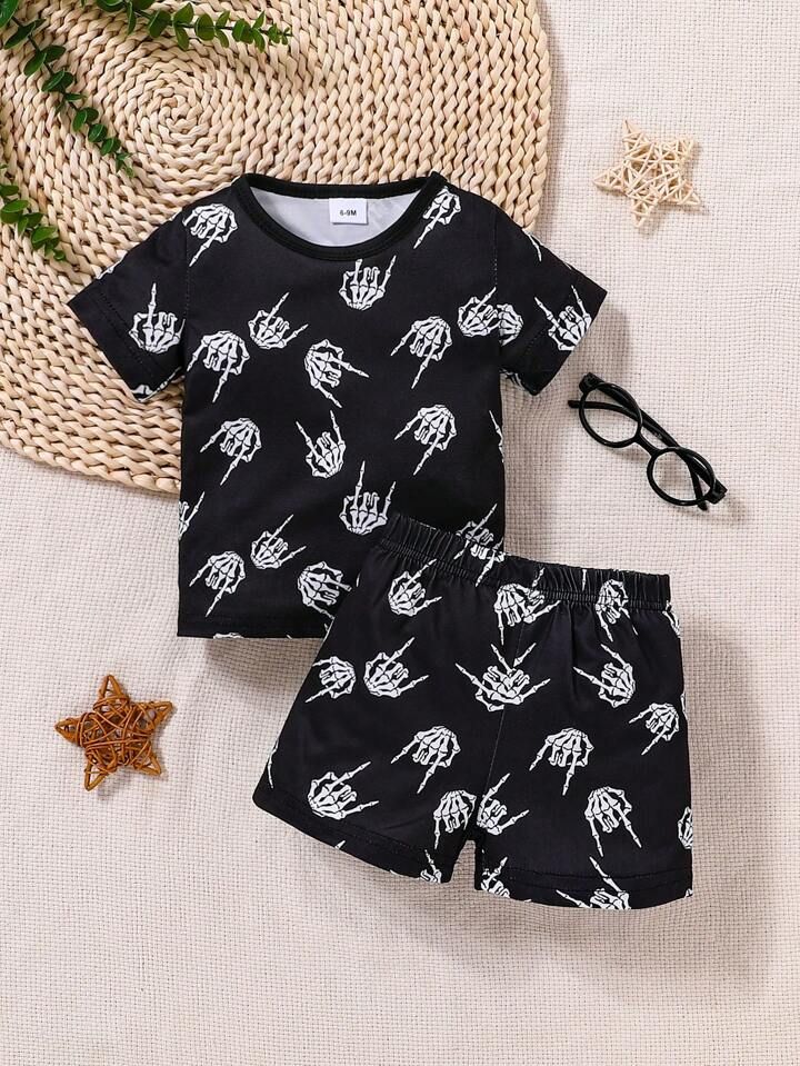 Baby Boy Halloween Two Piece Suit, Skull Print Pocket Summer Cool Short Sleeve Shirt And Shorts S... | SHEIN