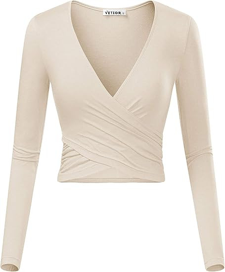 VETIOR Women's Deep V Neck Long Sleeve Unique Slim Fit Cross Wrap Shirts Crop Tops | Amazon (US)