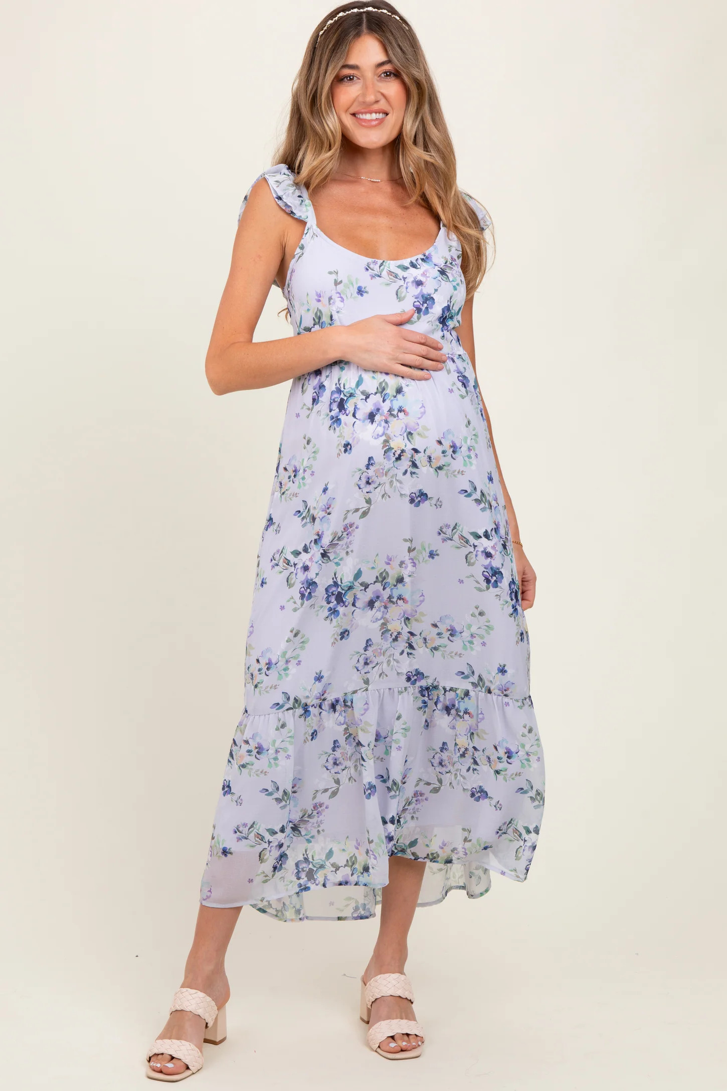 Lilac Floral Textured Open Back Tie Maternity Maxi Dress | PinkBlush Maternity