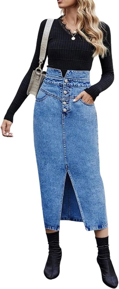 utcoco Women's Midi Jean Skirt High Waisted Slit Hem Slim Fit Pencil Denim Skirt | Amazon (US)