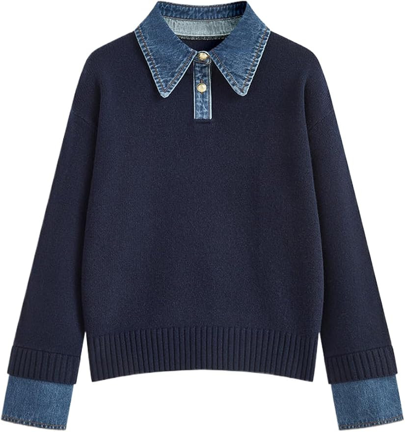 Womens Fall Oversized Long Sleeve Sweaters 2 in 1 Denim Panel Lapel Sweater Polo Knit Sweater Top... | Amazon (US)