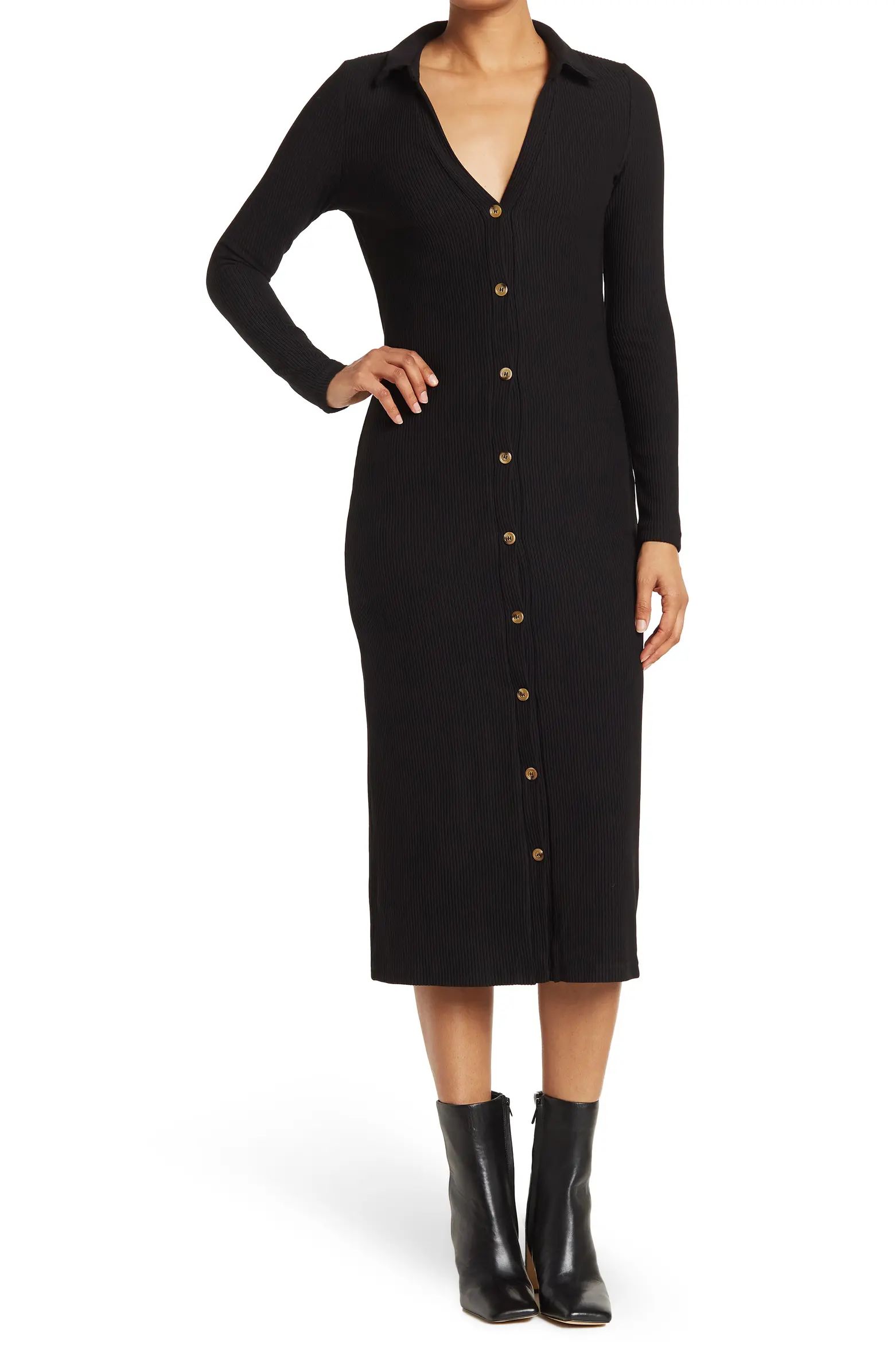 WALTER BAKER Helena Long Sleeve Button Front Ribbed Midi Dress | Nordstromrack | Nordstrom Rack