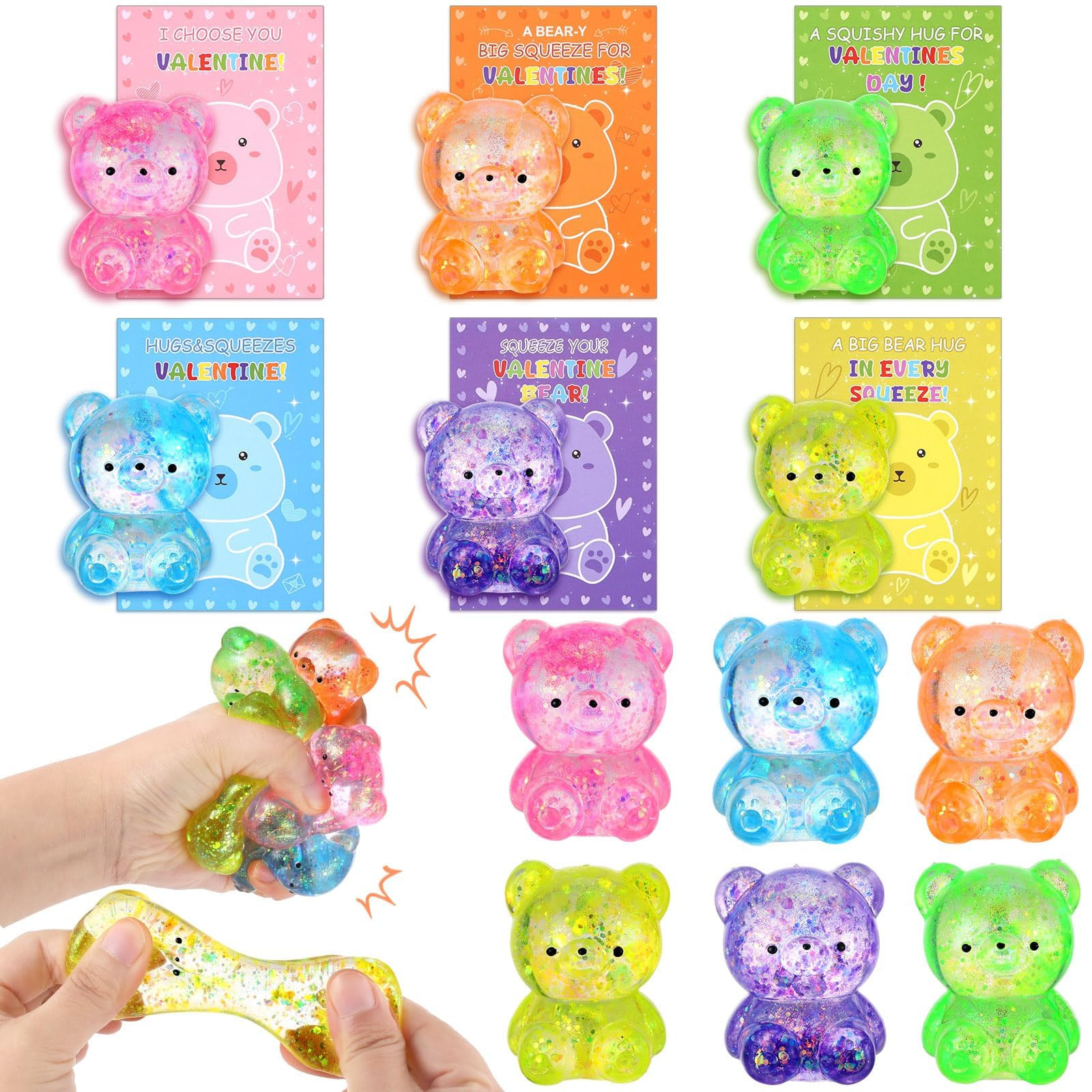 24 Pack Valentines Day Classroom Gifts for Kids, Cute Squishy Bear with Valentines Day Cards Glit... | Amazon (US)